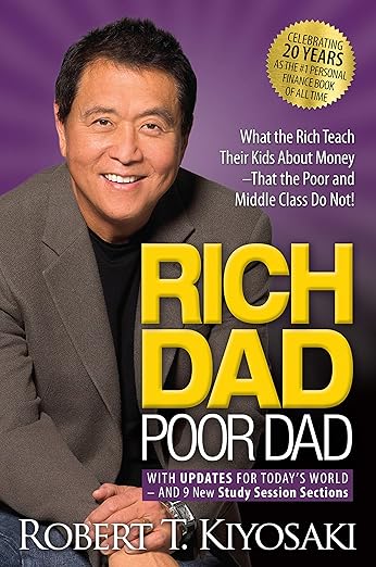 Book cover of 'Rich Dad Poor Dad' with a person on a purple background